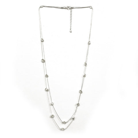 Double Strand Necklace with Round Gemstones - Silver-White
