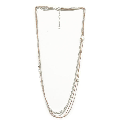 Multi-Chain Necklace with Heart Charms - Silver-Rose Gold