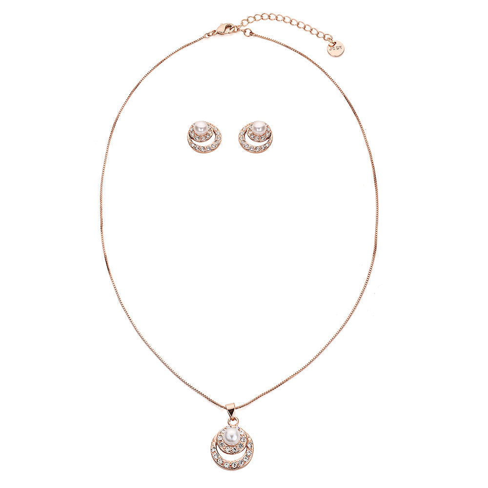 Double Halo with Faux Pearl Center Piece Pendant Set - Rose Gold