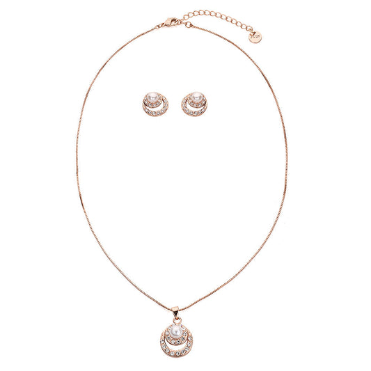 Double Halo with Faux Pearl Center Piece Pendant Set - Rose Gold