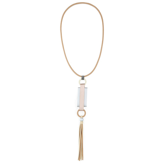 Curve Bar Tassel Long Rubber Necklace - Brown-Pink