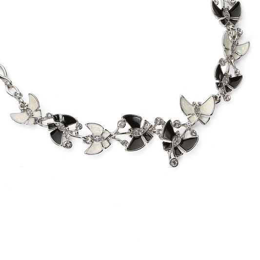 Black and White Flying Butterfly Necklace Set - Silver