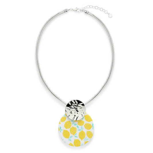Yellow Beaded Statement Necklace with Lemon Pattern