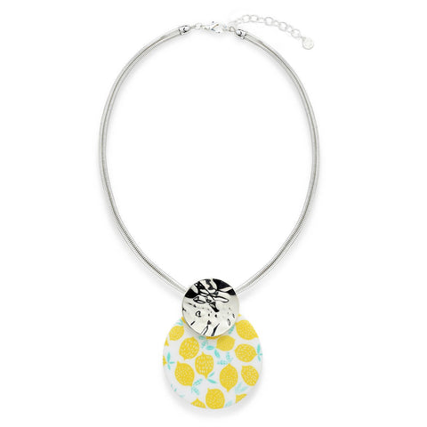 Yellow Beaded Statement Necklace with Lemon Pattern