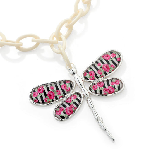 Floral Stripe Dragonfly Necklace - Silver