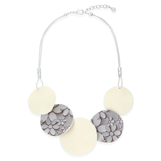Beige Floral Print Discs Statement Necklace