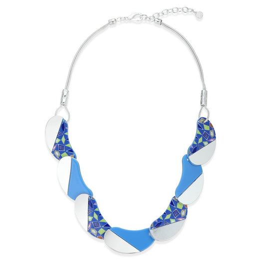 Blue and Silver Patterned Beads Necklace