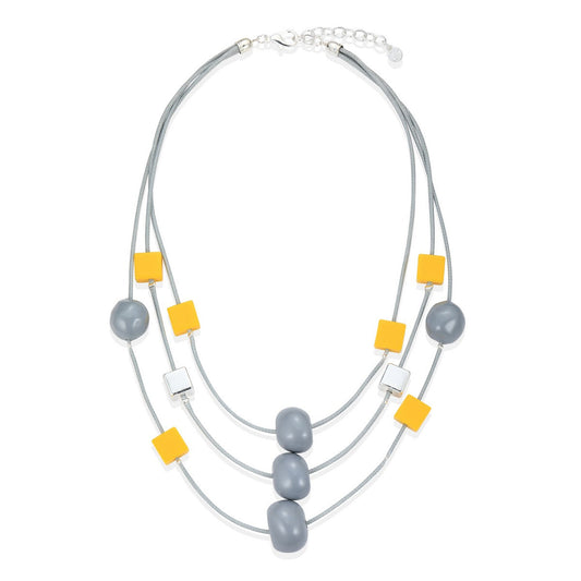 Layered Grey and Yellow Bead Statement Necklace