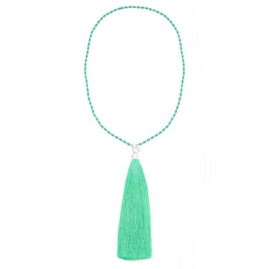 Green Long Tassel End Beaded Necklace