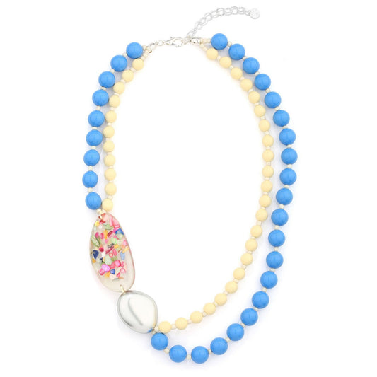 Blue and Cream Floral Bead Necklace