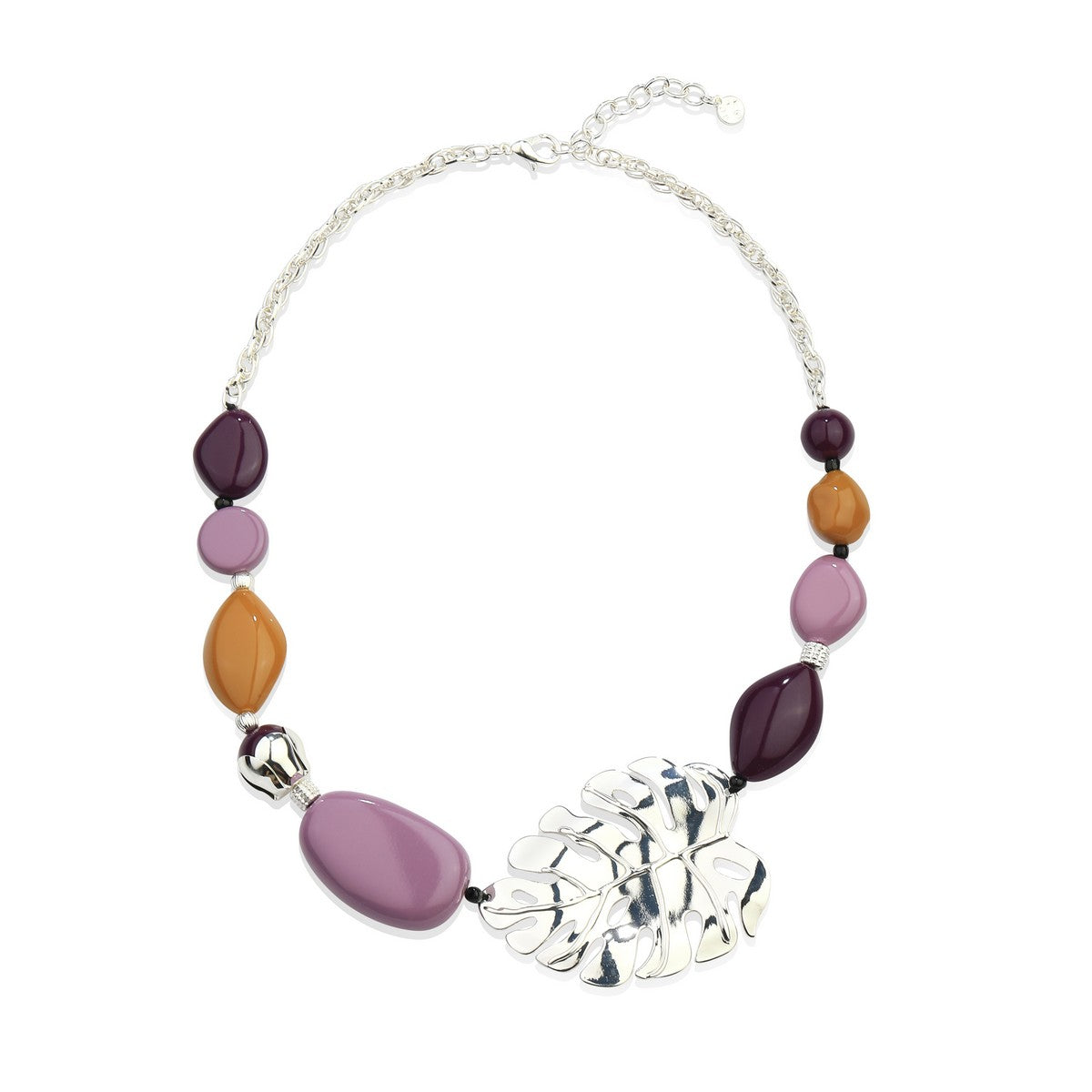 Silvery Metal Leaf Necklace with Multi-Coloured Beads