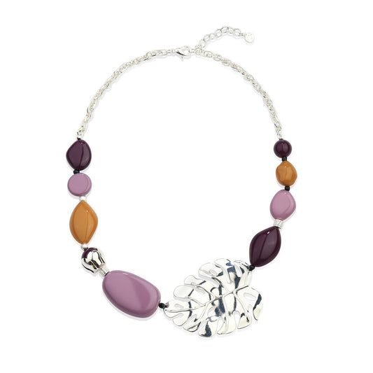 Silvery Metal Leaf Necklace with Multi-Coloured Beads