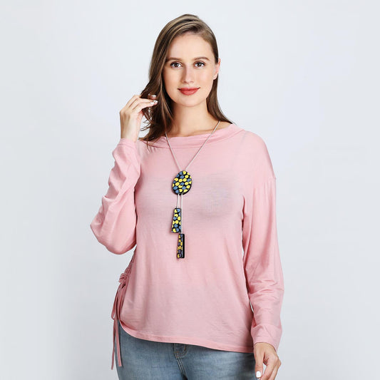 Yellow Polka-Dots Oval Pendant Long Necklace