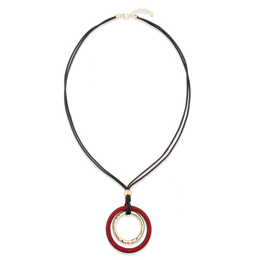 Red & Gold Ring Pendant Long Necklace