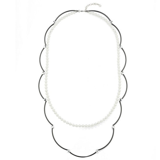 Curved Bars and Pearly Beads Chain Necklace - Black-White