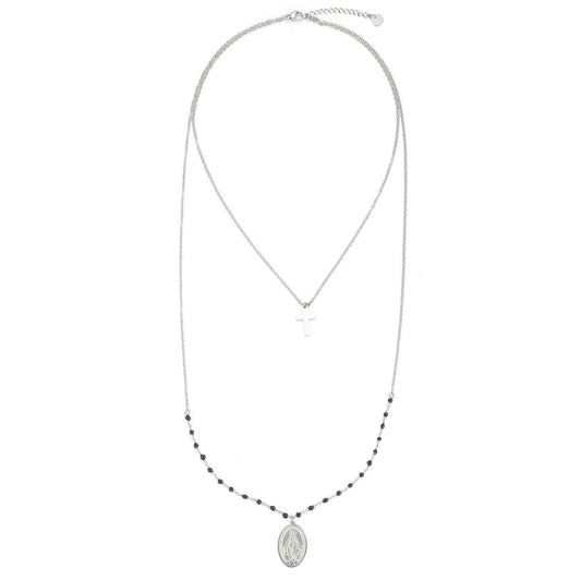 Cross and Pendant Beads Long Necklace - Silver