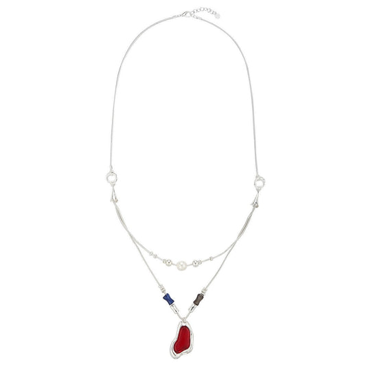 Heart and Pearls Necklace - Silver-Red