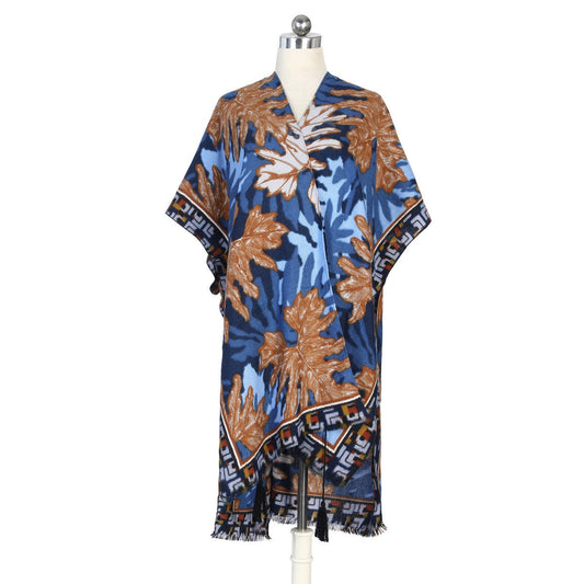 Blue Leaves Print Soft Touch Kimono