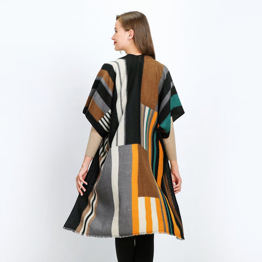 Yellow Multicolour Stripes Mix Wool Kimono