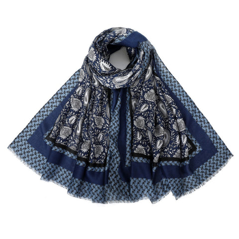 Paisley Pattern Scarf with Border - Blue