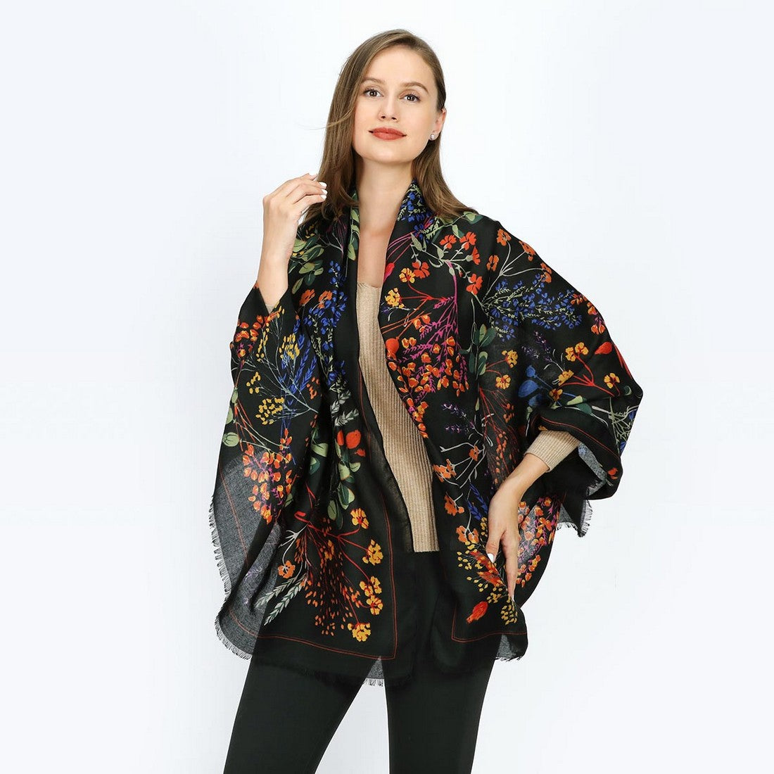 Floral Design Cotton Blend Scarf - Black