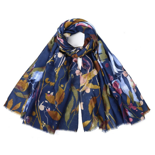 Floral Design Cotton Blend Scarf - Blue