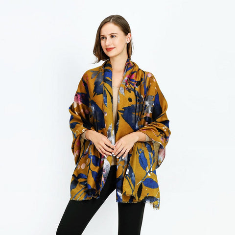 Floral Design Cotton Blend Scarf - Yellow