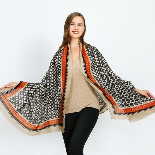 Daisy Pattern Scarf with Border - Khaki