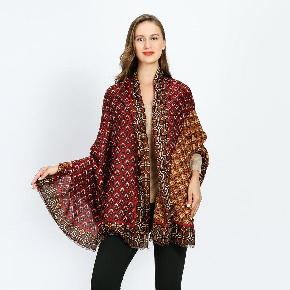 Mix Pattern Cotton Blend Scarf - Orange