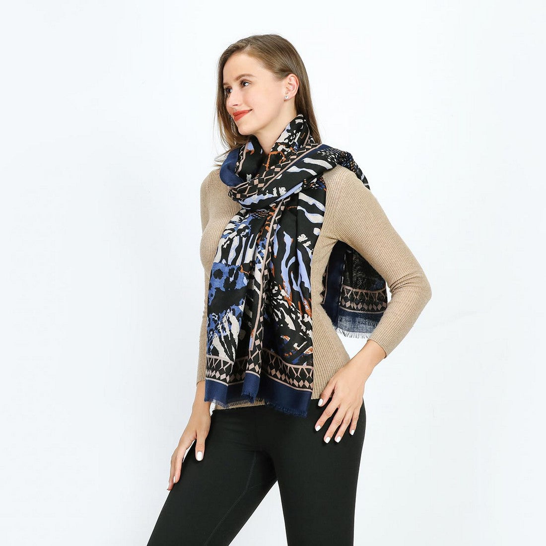 Mixed Print Fashion Scarf - Blue