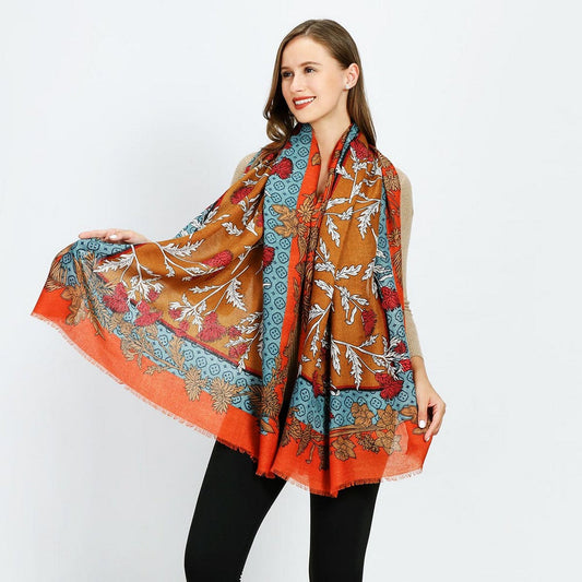 Orange Mixed Cotton Floral Print Scarf