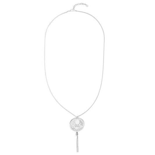 Hollow Designed Circle with Tassel End Necklace - Silver