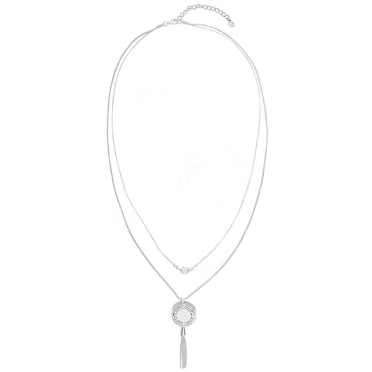 Hollow Circle with Tassel End Long Necklace - Silver
