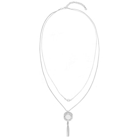 Hollow Circle with Tassel End Long Necklace - Silver