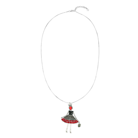 Queen Doll Figure Crystal Long Necklace - Silver-Red-Black