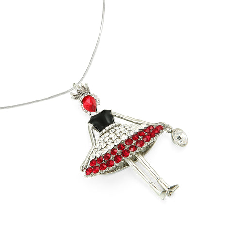 Queen Doll Figure Crystal Long Necklace - Silver-Red-Clear