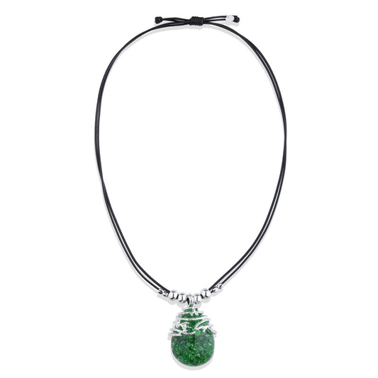 Green & Silver Oval Pendant long Necklace