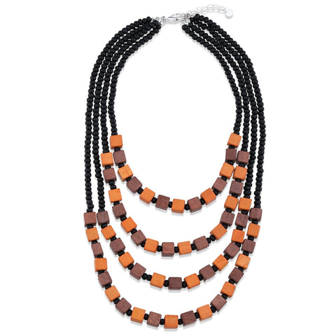 Four Layer Orange Square Beads Long Necklace