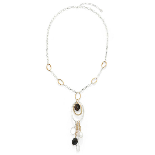 Mixed Metal Oval Pendant Necklace with Dangling Beads