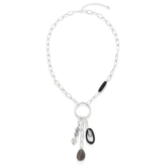 Black & White Geometric Beaded Long Necklace