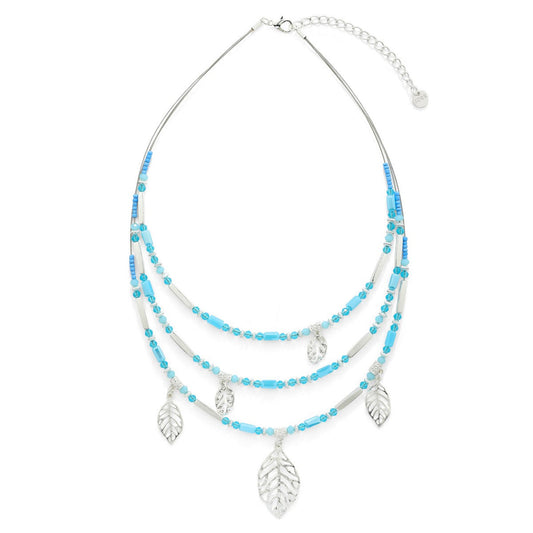 Tri-Layer Blue Beaded Necklace with Silvery Leaves