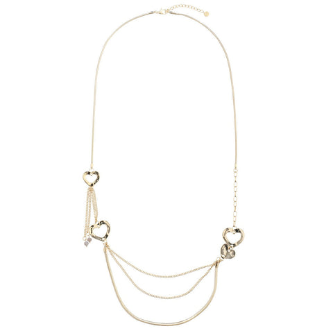 Gold Layered Long Metal Chain Necklace with Hearts