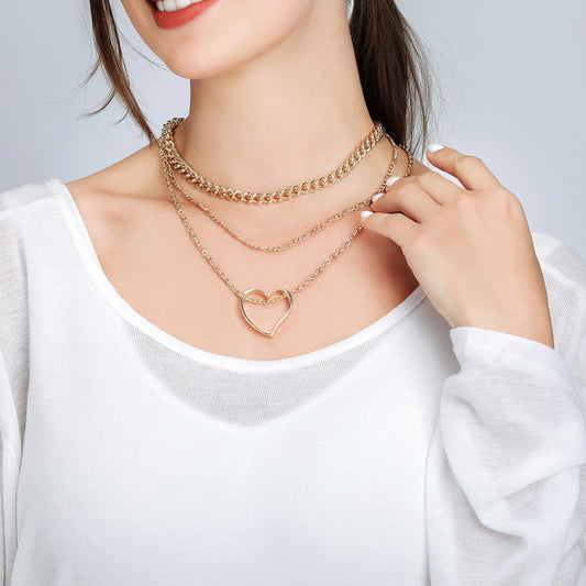 Gold Layered Chain Link Necklace with Heart Accent