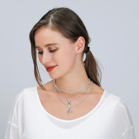 Silver Layered Necklace with Tree and Flower Pendants
