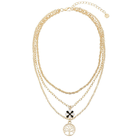 Gold Layered Necklace with Tree and Flower Pendants