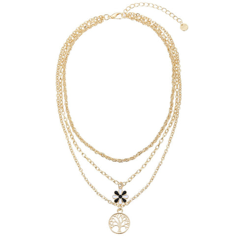 Gold Layered Necklace with Tree and Flower Pendants