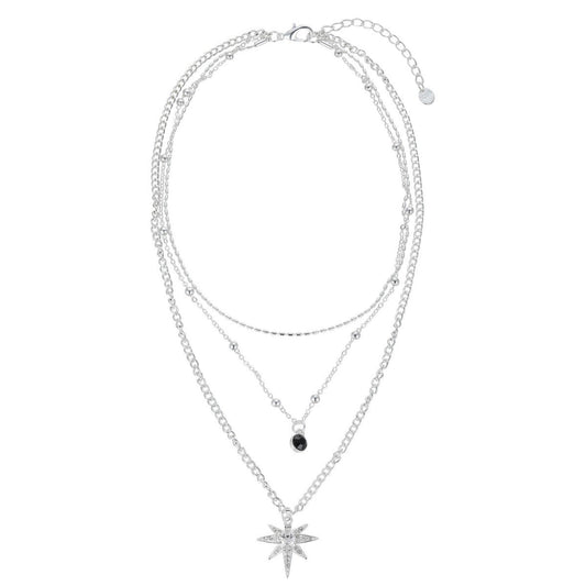 Silver Diamante Star Pendant Layered Short Necklace