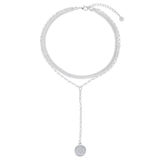 Silver Multi-Layer Long Necklace with Detailed Pendant