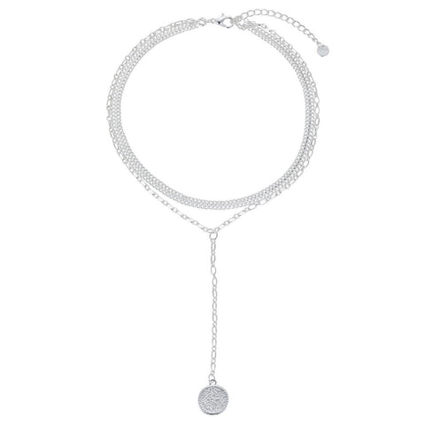 Silver Multi-Layer Long Necklace with Detailed Pendant