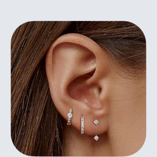 3 Pairs Sterling Silver Stud Hoop Earrings